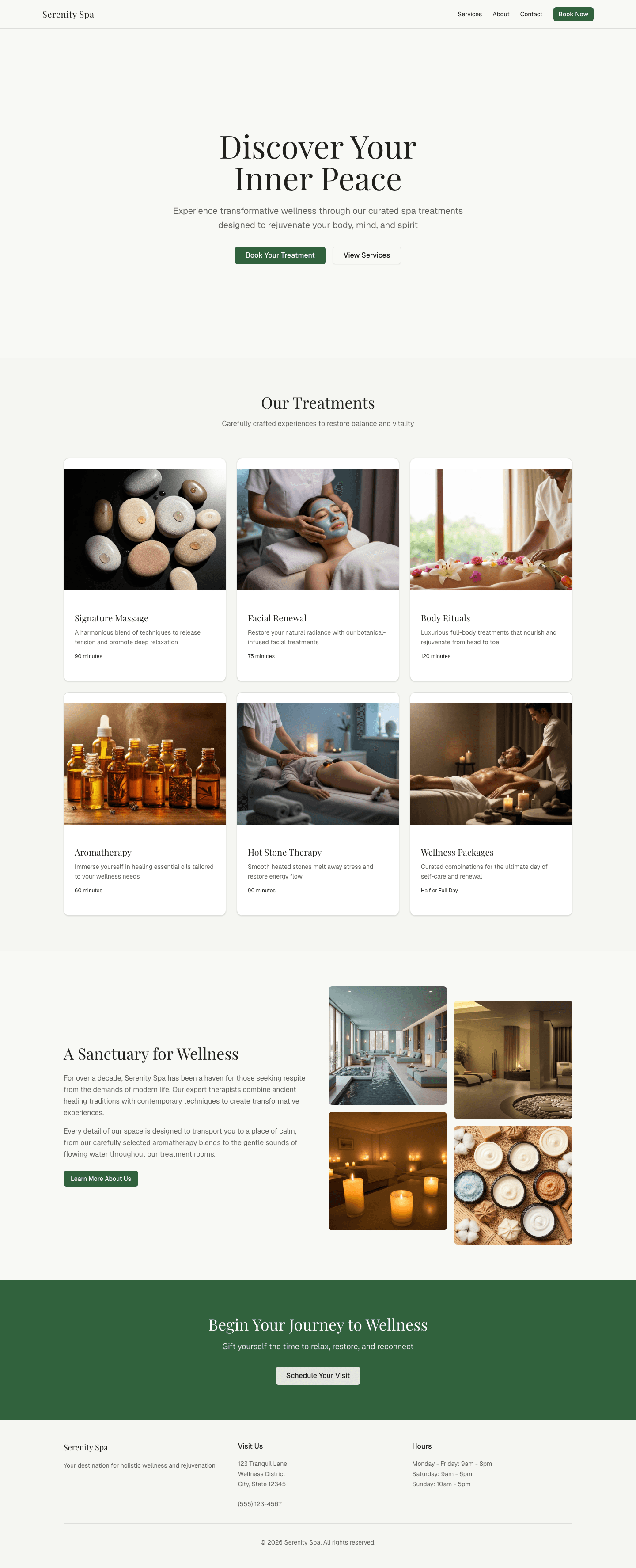 Screenshot of a spa website landing page with treatments and a booking call-to-action.