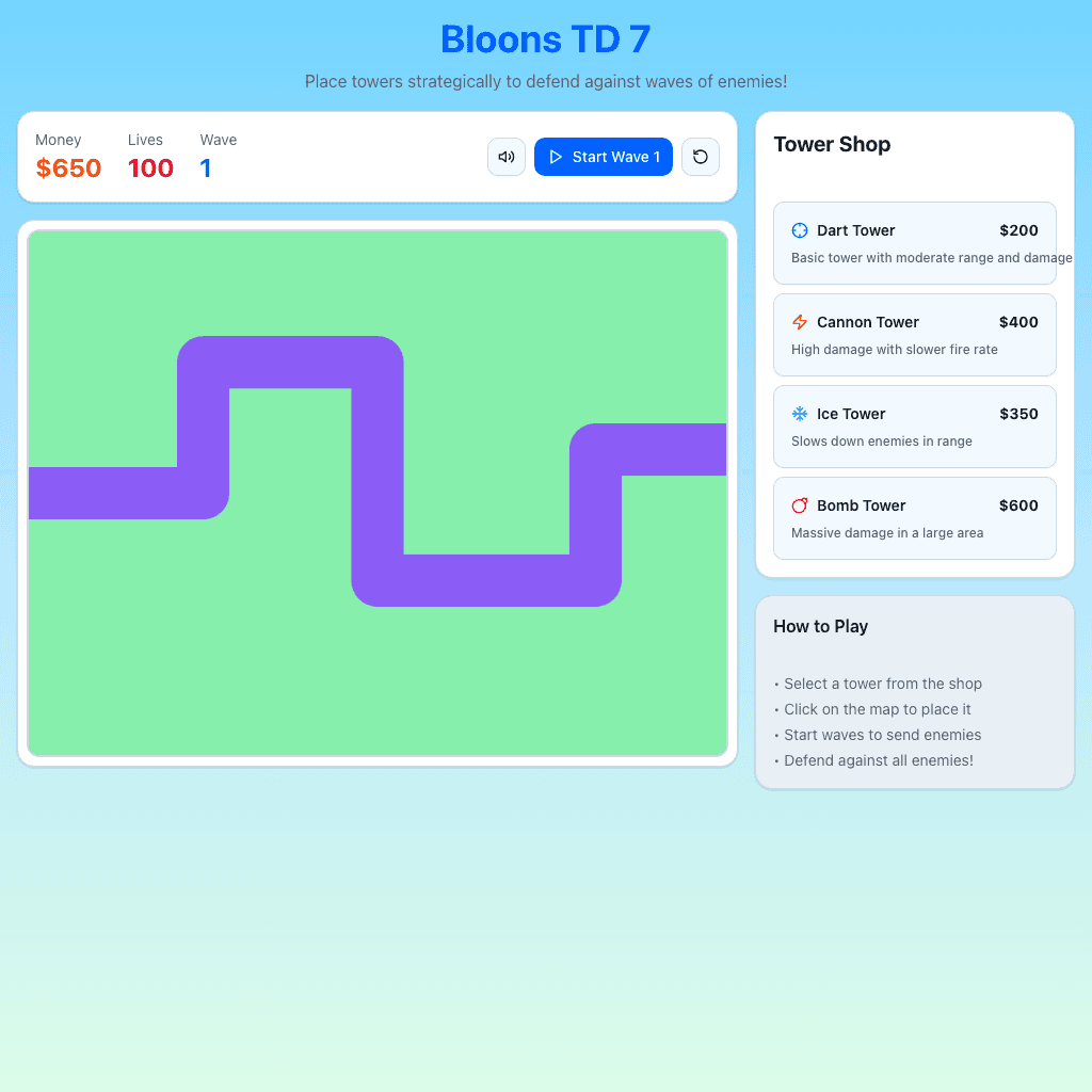 First working Bloons TD 7 version showing a simple map and tower shop.