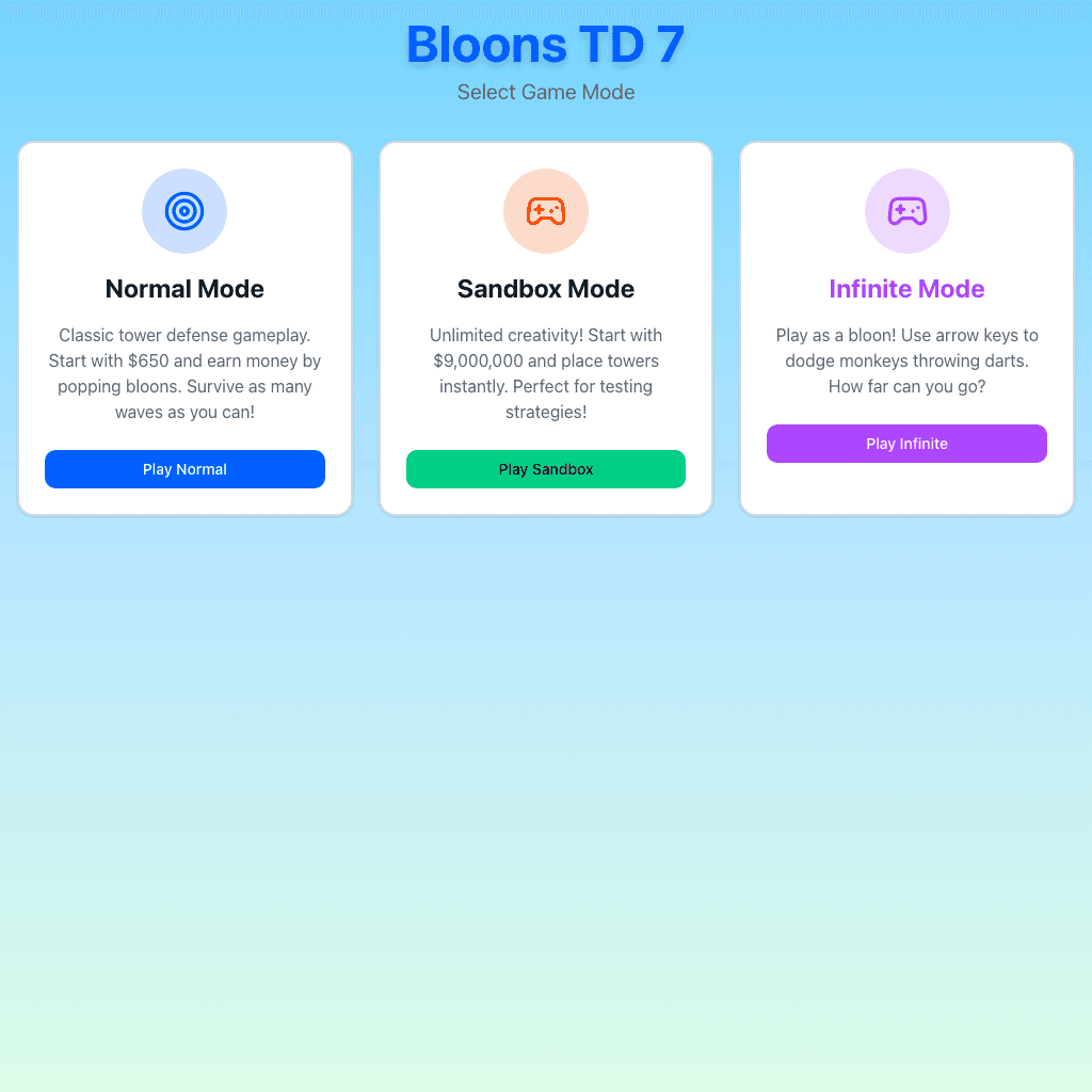 Latest working Bloons TD 7 version showing multi-mode entry point.