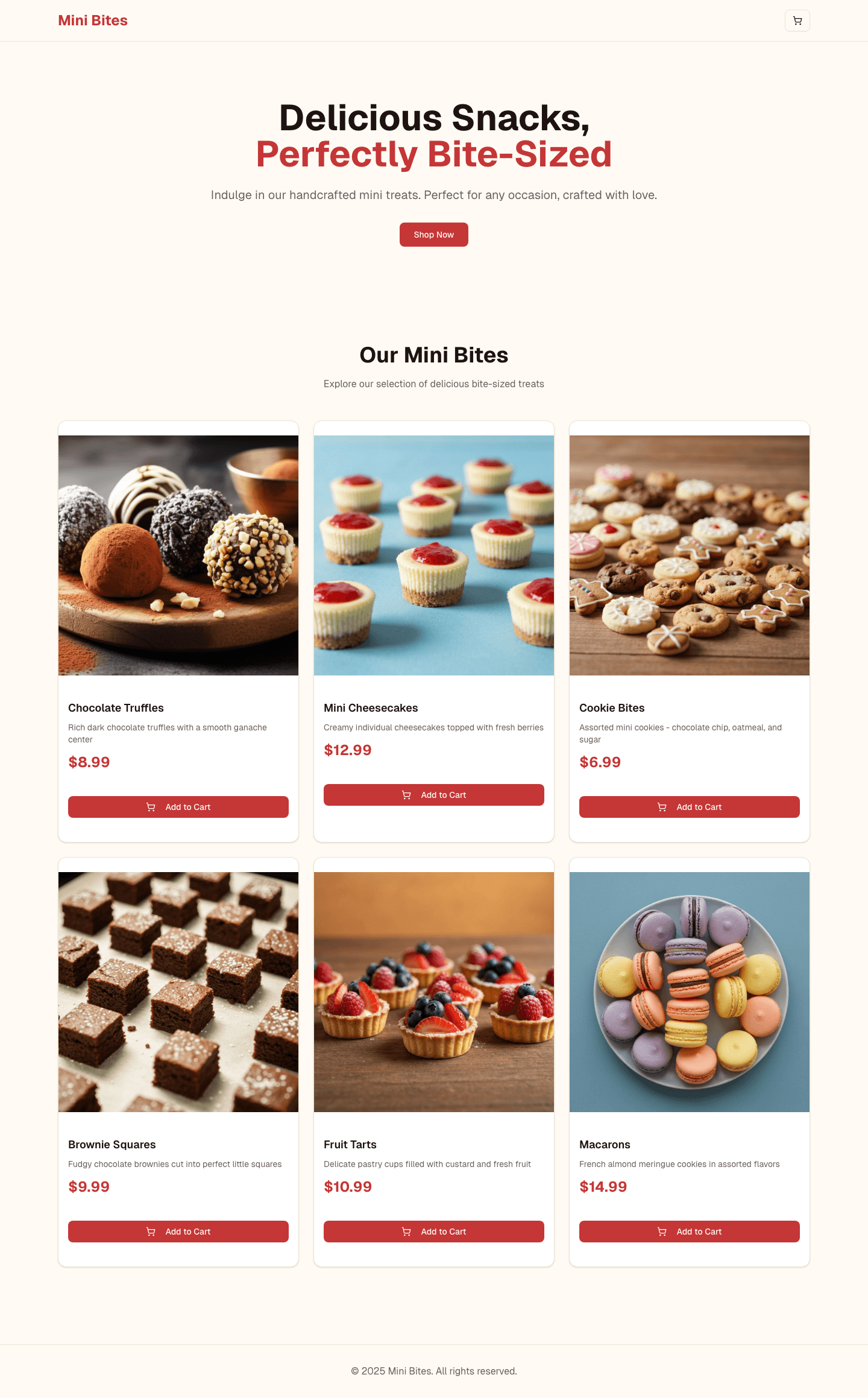 Screenshot of an e-commerce website called Mini Bites with products, prices, and add-to-cart buttons.