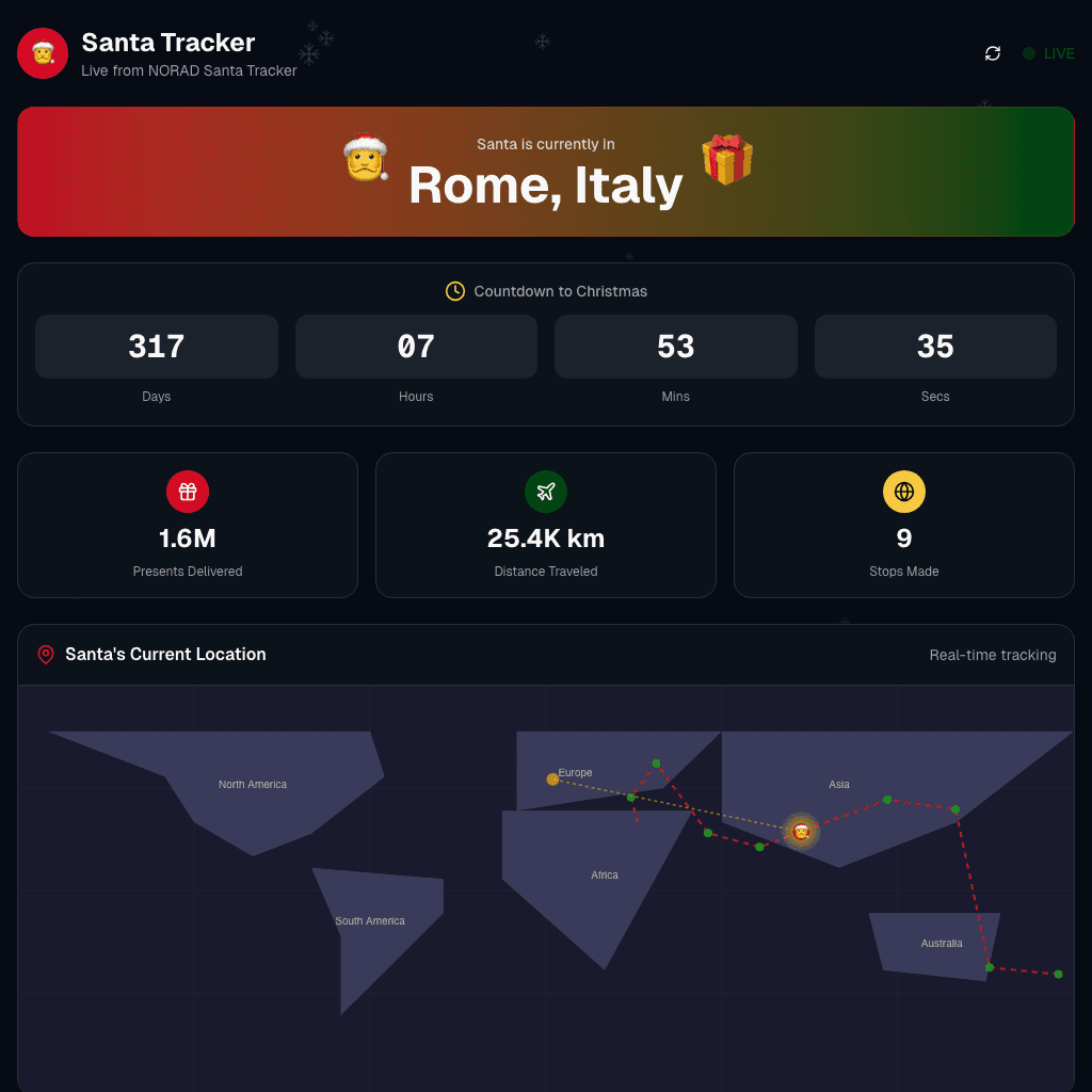 Latest working Santa Tracker version with NORAD-style location updates.