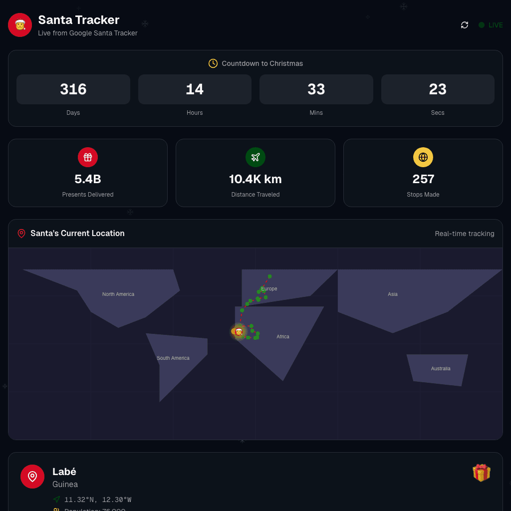 Middle checkpoint Santa Tracker version with live route updates.